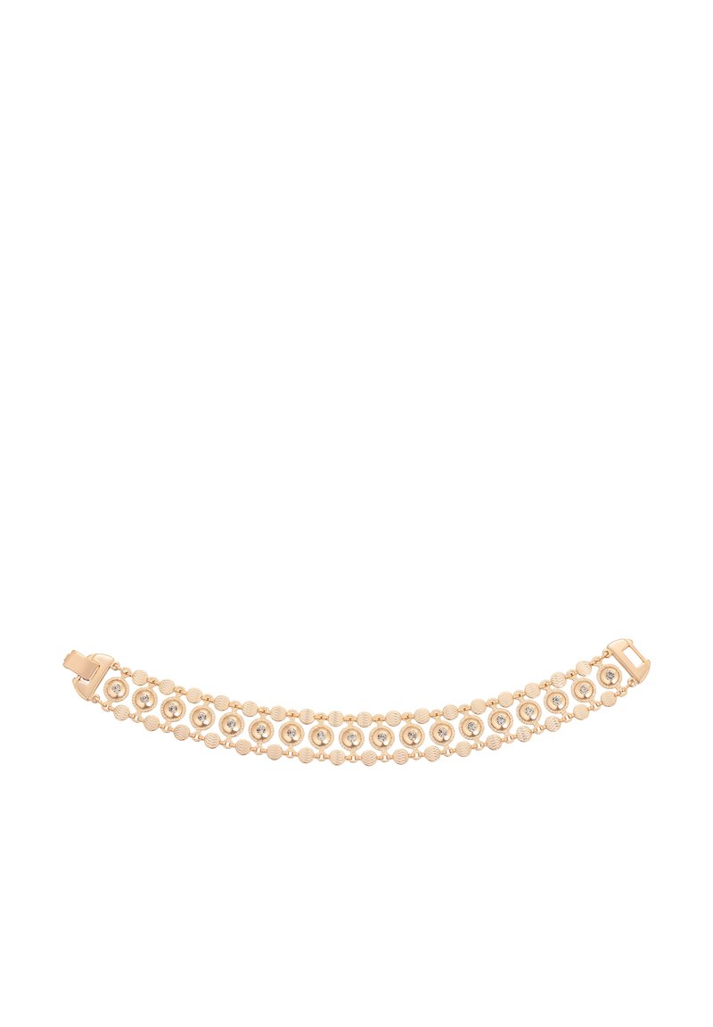 Arany karkötő, két sor kerek gyöngyös lánccal, mindkettőben egy-egy kis beágyazott tiszta drágakő található, és kapoccsal záródik.