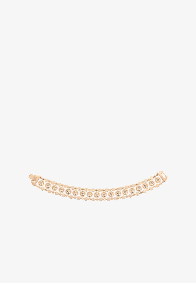 Bracciale d'oro con due file di anelli di perline rotonde, ciascuna contenente un piccolo gemma trasparente incastonata, e una chiusura a scatto.