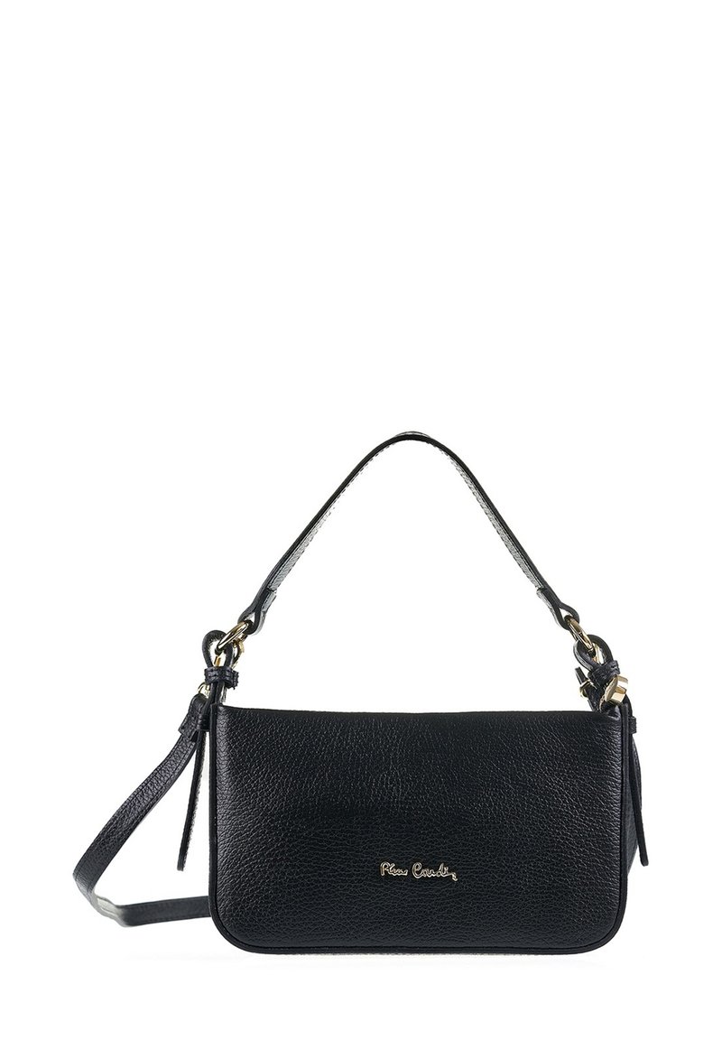 Borsa a mano in pelle nera con finitura texture, dotata di manico corto e tracolla regolabile. Accentatura del logo in tonalità oro sul davanti.