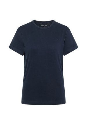 Marineblaues kurzärmeliges Baumwoll-T-Shirt mit Rundhalsausschnitt, kleinem Mustang-Logo auf der Brust, gekennzeichnete Größe Small.