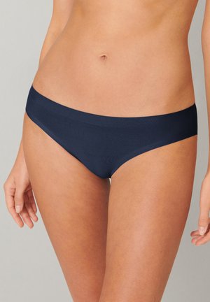 Navyblauwe stretch bikinibroek met een gladde textuur en een brede tailleband, voorzien van een minimalistisch ontwerp zonder zichtbare patronen of hardware.