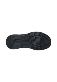 Suela de zapato negra de caucho con patrones texturizados, ranuras para tracción y el nombre de la marca "SKECHERS" en relieve.