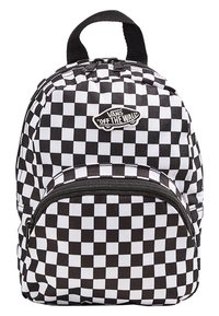 Černobílý kostkovaný batoh s předním zipovým pouzdrem, vyrobený z textilu, s horním úchytem a logem "Vans Off The Wall" na přední straně.