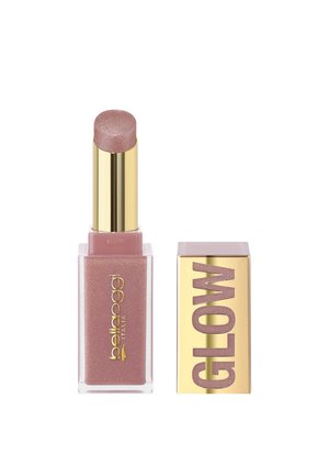 Rossetto rosa lucido con tubo dorato in una custodia rettangolare trasparente accanto a un tappo dorato con la scritta "GLOW" in lettere rosa glitterate.