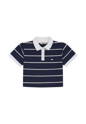 Navy blue short-sleeve polo shirt with white horizontal stripes, white collar and cuffs, three-button placket, and small logo on chest.