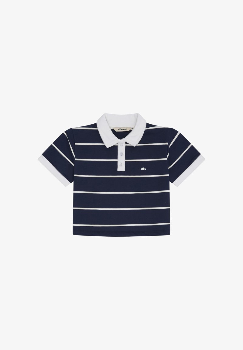 Μπλε ναυτικό κοντομάνικο πόλο με λευκές οριζόντιες ρίγες, λευκό γιακά και μανσέτες, τρύπα με τρία κουμπιά και μικρό λογότυπο στο στήθος.