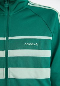 Zelená zipová bunda se světle zelenými horizontálními pruhy a malým bílým logem Adidas na hrudi. Vyrobena z měkké látky.