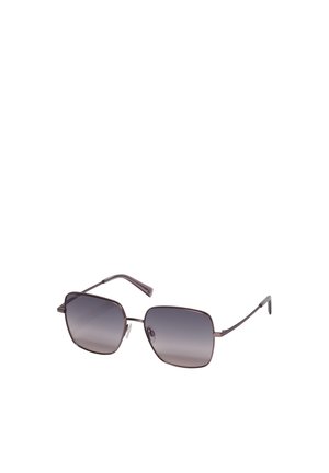 Lunettes de soleil rectangulaires avec fines montures métalliques sombres et verres foncés dégradés, présentées sur un fond blanc.