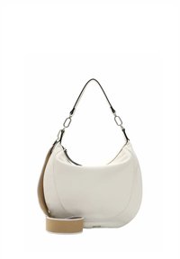 Borsa a spalla in pelle bianca con manico superiore nero e tracolla beige rimovibile. Texture liscia con una leggera lucentezza e forma curvata.