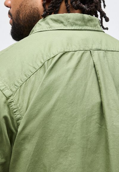 Άνδρας με σκούρα κυματιστά μαλλιά και μούσι, που φορά ανοιχτό πράσινο πουκάμισο με γιακά, φαίνεται από πίσω σε κοντινό πλάνο.