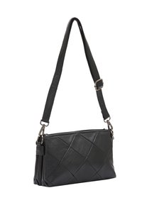 Borsa a spalla in pelle nera con motivo trapuntato, forma rettangolare e tracolla regolabile. Caratterizzata da hardware in argento e chiusura con zip.