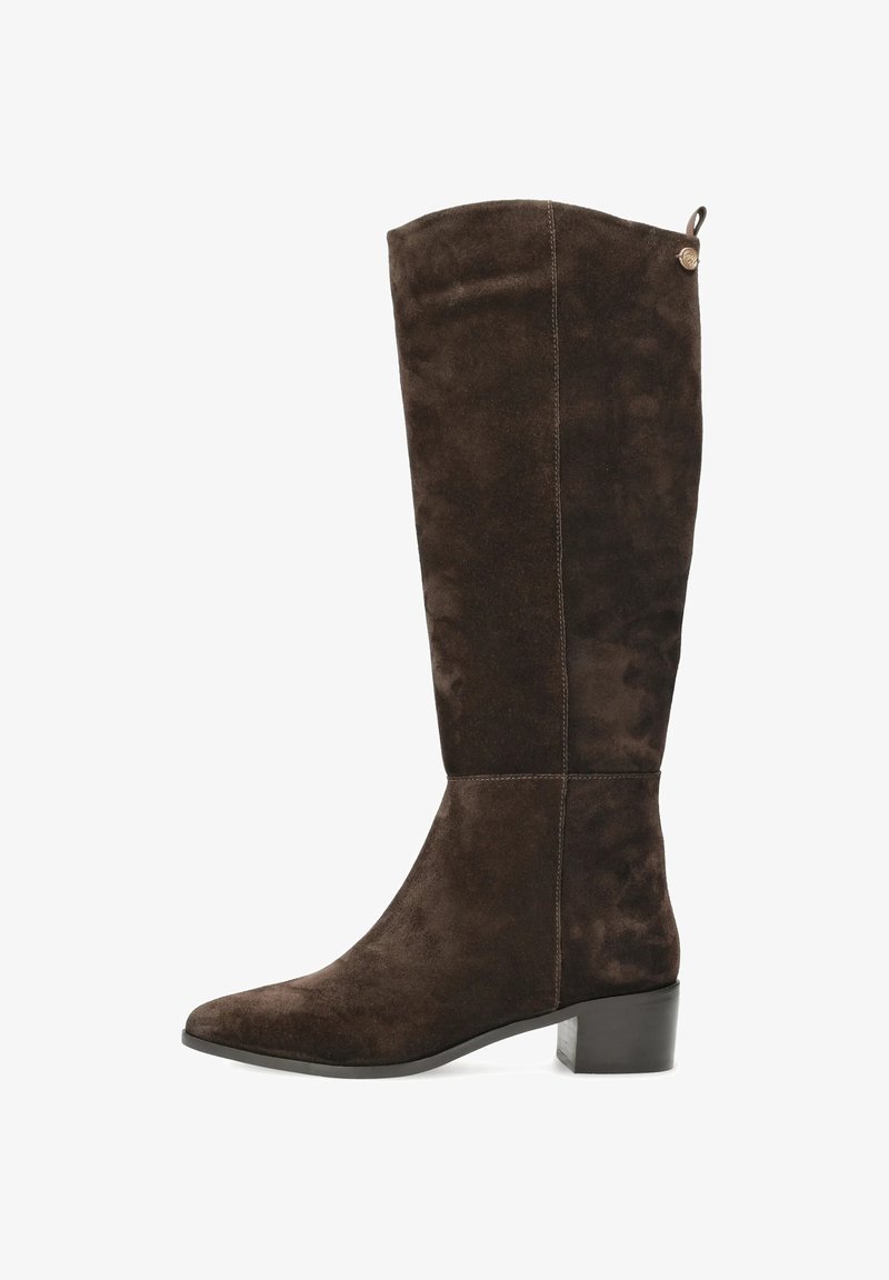 Bottes en daim marron montantes, avec un léger talon, bout pointu et design sans couture. Présente une boucle décorative en haut.