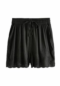Shorts en coton noirs avec taille élastique et cordon de serrage, ornés de motifs floraux brodés le long de l'ourlet et de œillets décoratifs.
