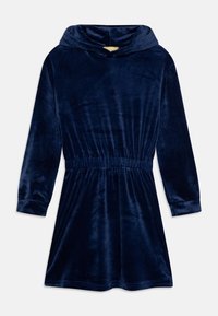 Marineblauwe, lange mouwen hoodie dress met een gladde, zachte textuur en een elastische tailleband. Kenmerkt zich door een comfortabele capuchon en een uitlopende rok.