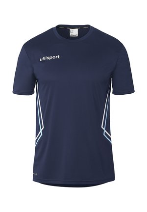 Navy blue short-sleeve sports shirt with white and light blue side stripes and "uhlsport" logo on the chest and collar.