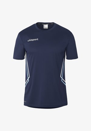 Marineblaue Sportshirt mit kurzen Ärmeln, weißen und hellblauen Seitenstreifen sowie dem "uhlsport"-Logo auf der Brust und am Kragen.