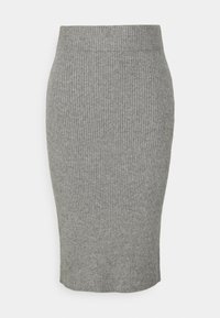 Jupe crayon grise côtelée avec une silhouette ajustée, dotée d'une taille élastique et d'une longueur mi-mollet, fabriquée en tissu tricot doux.