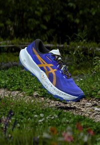 Παπούτσι για τρέξιμο σε μονοπάτια σε ζωντανό μοβ χρώμα με πορτοκαλί λεπτομέρειες. Διαθέτει υφασμάτινο επάνω μέρος με υφή, λευκή ενδιάμεση σόλα με επένδυση και σόλα με σχέδιο.