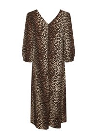 Vestido de estampado de leopardo en una tela ligera. Presenta un escote en V, mangas tres cuartos y un corte relajado. La paleta de colores incluye tonos marrones y crema.