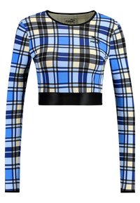 Långärmad crop-top i ett rutigt mönster i blått, svart och kräm, med ett fukttransporterande material och en kontrasterande svart midjeband.