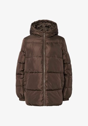 Braune Pufferjacke mit Kapuze, ausgestattet mit einem Reißverschluss vorne, breiten horizontalen Nähten und elastischen Bündchen. Glattes, glänzendes Außenmaterial.