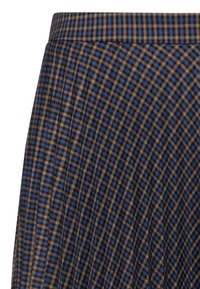 Jupe plissée arborant un motif à carreaux bleu et marron avec une surface texturée, complétée par une ceinture pour un maintien sécurisé.