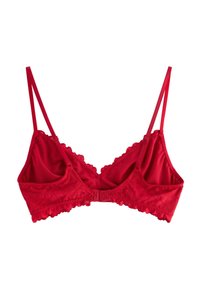 Rød blonde-bh med justerbare tynde stropper og lukning med hægte og øje, vist fladt på en hvid baggrund.