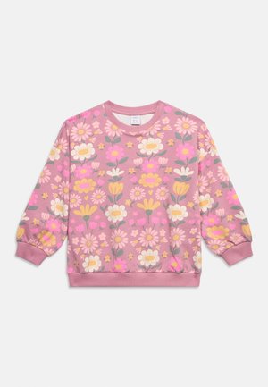 Sweat-shirt à manches longues rose avec poignets et ourlet côtelés, décoré d'un motif floral multicolore comprenant des fleurs jaunes, blanches et roses.