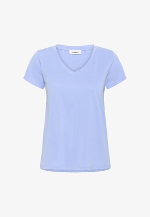 Hellblaues V-Ausschnitt-T-Shirt mit kurzen Ärmeln. Weiches Baumwollmaterial mit glatter Textur. Einfaches Design, keine Muster oder Verzierungen.