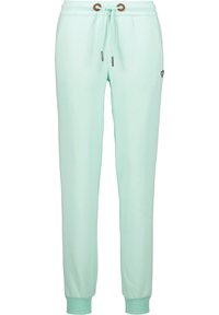 Ljust mintgröna mjukisbyxor i mjukt tyg, med elastisk midja och dragsko, ribbade muddar och en liten hjärtlogotyp.