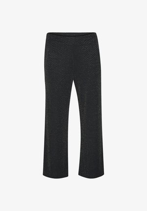 Pantaloni negri cu o croială lejeră, având o textură pârguțată și un tiv elastic. Realizați dintr-un material moale, concepuți pentru confort și versatilitate.