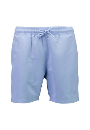 Costume da bagno da uomo azzurro chiaro con elastico in vita e coulisse annodata sul davanti, realizzato in tessuto liscio.