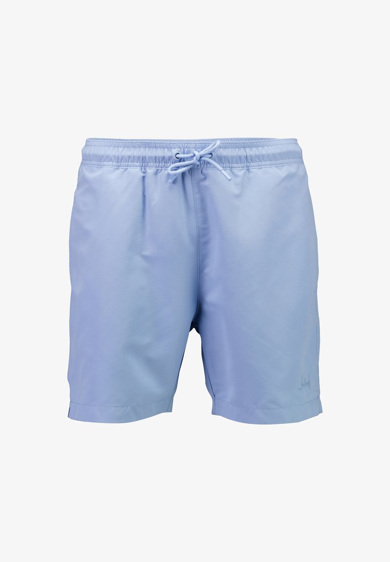 Lichtblauwe heren zwemshorts met elastische tailleband en vooraan gestrikte koordsluiting, gemaakt van gladde stof.