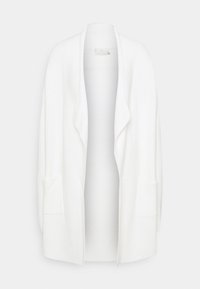 Cardigan bianco lavorato a maglia con apertura frontale, spalle cadenti e due tasche laterali. Presenta un motivo texture e un colletto a coste.