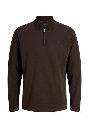 Dunkelbraunes Langarm-Poloshirt mit halbem Reißverschluss und kleinem gesticktem Logo auf der linken Brustseite.
