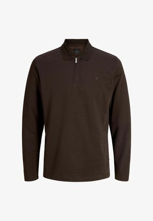 Dunkelbraunes Langarm-Poloshirt mit halbem Reißverschluss und kleinem gesticktem Logo auf der linken Brustseite.