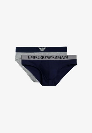 Due slip da uomo, uno blu navy con fascia grigia marchiata "EMPORIO ARMANI", l'altro grigio chiaro con fascia e logo blu navy.
