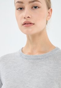 Jasnoszary sweter z okrągłym dekoltem i ribbowanym wykończeniem, wykonany z gładkiej dzianiny. Brak widocznych charakterystycznych wzorów lub elementów metalowych.