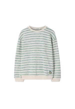 Trui met lange mouwen en ronde hals met groene en witte horizontale strepen, geribbelde manchetten, zoom en kraag, met een klein patch bij de zoom.