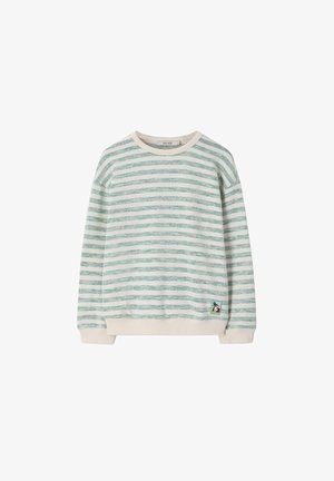 Trui met lange mouwen en ronde hals met groene en witte horizontale strepen, geribbelde manchetten, zoom en kraag, met een klein patch bij de zoom.
