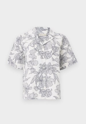 White short-sleeve button-up shirt with black line-drawn floral pattern and spread collar on plain background.