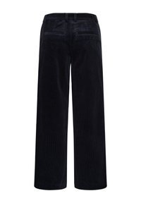 Pantalon large en velours côtelé noir vu de dos avec passants de ceinture et deux poches arrière.