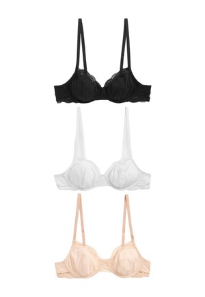 Tri grudnjaka s žicom i čipkom u crnoj, bijeloj i boji kože, okomito raspoređene na bijeloj pozadini.