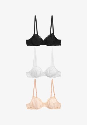 Trzy biustonosze z fiszbinami ozdobione koronką w kolorach czarnym, białym i cielistym, ułożone pionowo na białym tle.