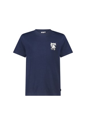 Navyblauw T-shirt met korte mouwen met een kleine witte afbeelding van een lopende basketbal en de tekst "New York" op de linkerborst.