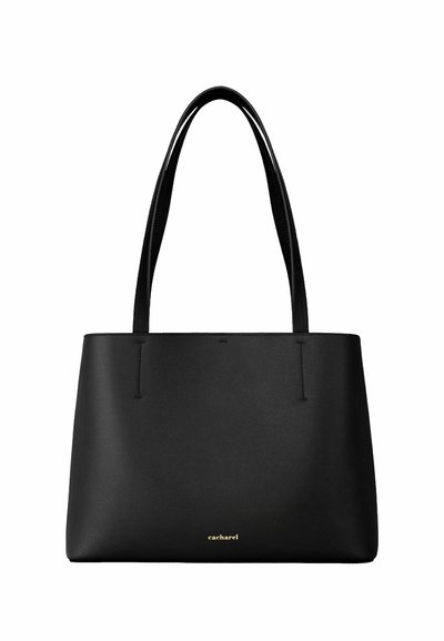 Črna pravokotna torba z dolgimi ročaji in majhnim zlatim napisom »cacharel«, ki je nameščen v sredini spodnjega dela sprednje strani.