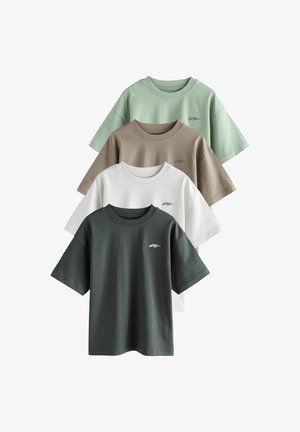 Neli lühikese varrukaga T-särki värvides roheline, beež, valge ja tumeroheline, millel on ümara kaelusega ja peen logo kirjapiste rinnal.