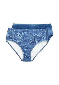 Due paia di mutande da donna: una con un motivo floreale blu con foglie, l'altra a righe orizzontali blu. Entrambe presentano una morbida fascia in vita elastica.