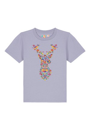 Lila Baumwoll-T-Shirt mit einem bunten floralen Reh-Grafikdesign in der Mitte. Rundhalsausschnitt und kurze Ärmel. Glatte Textur.