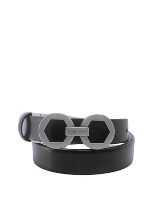 Cintura in pelle nera arrotolata con fibbia esagonale argentata riportante l'incisione "MARC ELLIS" al centro.